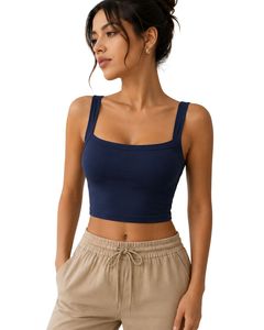 Navy Blue Square Neck <b>Crop</b> Tank <b>Top</b> Women Sleeveless Cotton Spandex Stretch Fitness Yoga Casual Summer Basic Vest <b>Top</b> Custom - Product Image 1