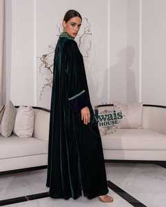 Green Velvet Plus Size Lightweight Abaya High Neck Long Sleeve Floor Length Embroidered Modest Dress Women Middle East Wedding - Product Image 6