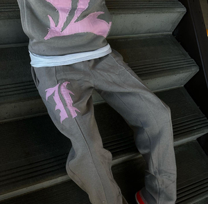 Unisex Gray Breathable Eco-Friendly <b>Tracksuit</b> Set <b>Pink</b> Applique Logo Hoodie Drawstring Pants Streetwear Style Full Length - Product Image 2