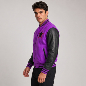 Men's Purple Varsity <b>Jacket</b> Black Leather Sleeves Embroidered <b>Star</b> Patch Casual Autumn Wear Regular Fit - Product Image 3