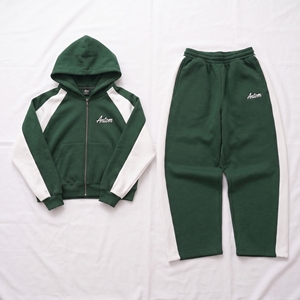 Custom Men Heavyweight Green Fleece Tracksuit Set Two Piece Zip Up Hoodie <b>Sweatpants</b> Contrast Side Panel Streetwear Jogger Set - Product Image 1