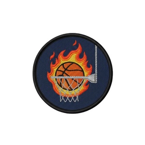 Patch brodé personnalisé en gros, motif flamboyant de basket-ball, thermocollant et à coudre, badge appliqué rond pour vestes de sport et vêtements en vrac - Product Image 1