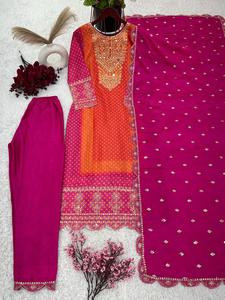Última moda Maruti pesado Chinon bordado trabajo Kurti conjunto con Dupatta indio y paquistaní boda ropa bordado inferior - Product Image 6