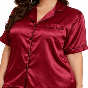 Conjunto de pijama de satén de color sólido para mujer, manga corta, con botones, ropa de dormir de seda, traje de dormir de lujo para uso diario. - Product Image 4