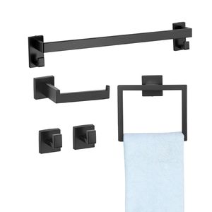 Ensemble d'accessoires de salle de bain 5 pièces en acier inoxydable noir mat, barre porte-serviettes de 24 pouces et 2 crochets pour peignoirs, accessoires de bain de qualité - Product Image 2