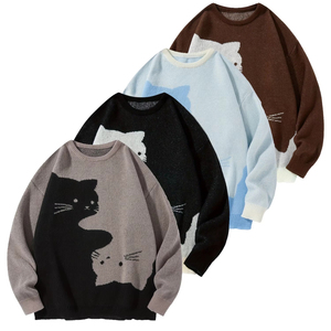 Pull en tricot pour homme avec motif de chat, design de personnage imprimé sur le devant, manches régulières, style automne 2027 - Product Image 4
