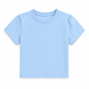 Camiseta de Cuello Redondo Azul Claro para Mujer, Manga Abullonada, Color Sólido, Informal, Tejida, Transpirable, Primavera Verano, Corte Regular - Product Image 1