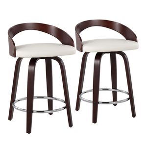 Set di 2 Sgabelli da Bancone Grotto, Design Moderno Mid-Century con Finitura in Ciliegio e Pelle Sintetica Bianca, Girevoli, per Bar o Cucina - Product Image 1