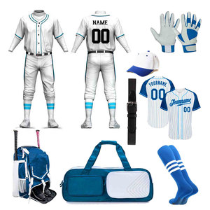 Custom Baseball Uniform Men's White Blue Striped Jersey Pants Gloves Hat <b>Socks</b> Bag Breathable Polyester All Seasons Wear - Product Image 1
