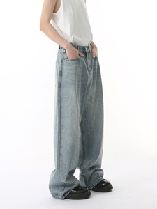Pantalones Vaqueros de Cintura Alta y Pierna Ancha con Estampado de Puntos Brillantes, Corte Holgado, Algodón Lavado, Estilo Casual, Pantalones de Primavera para Hombre - Product Image 4