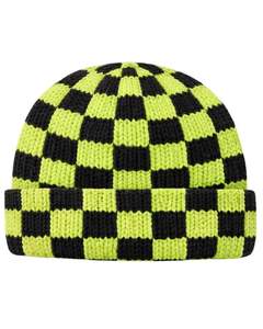 Gorro de Punto Personalizado con Diseño de Tablero de Ajedrez Verde Lima y Negro, Gorro de Invierno Cálido con Borde, Gorro de Punto Acrílico Suave Unisex - Product Image 1