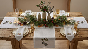Chemin de table vintage blanc brodé, motif houx, en lin, avec ourlet festonné, pour mariage, restaurant, décorations de Noël, décoration intérieure, lavable - Product Image 4