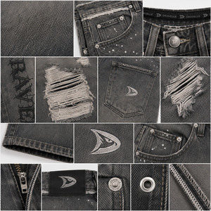 Dirty Grey Double Waist Denim Jorts <b>Men</b> / <b>Mens</b> Oversized Y2K Streetwear <b>Shorts</b> Frayed <b>Patch</b> Details Low MOQ Wholesale - Product Image 4