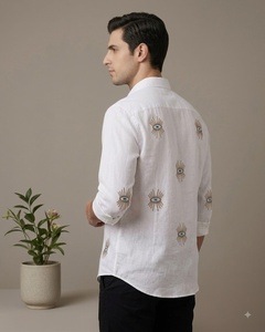 Men's <b>White</b> Cotton Embroidered Casual <b>Shirt</b> Full Sleeve Turn-down Collar Hand Embroidery Back Eye Pattern Summer Wear - Product Image 1