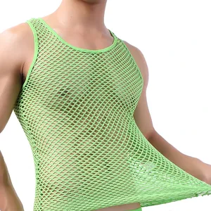 Men's Green <b>Mesh</b> Tank <b>Top</b> O-Neck Knitted Breathable Hollow Out Casual Style - Product Image 1