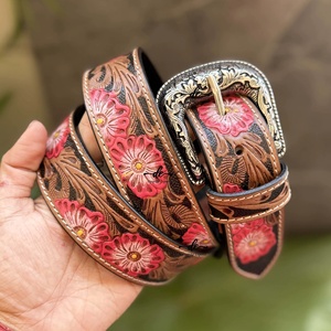 Nouvelles ceintures artisanales de créateur, ceintures en cuir faites à la main, ceintures en cuir vintage bohème, imprimé floral rose tendance, ceintures en cuir western élégantes - Product Image 1