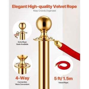 4 pezzi con Base cava in acciaio inossidabile corde di velluto rosso candelieri in oro barriere di controllo della folla Red Carpet Runner Party forniture - Product Image 6