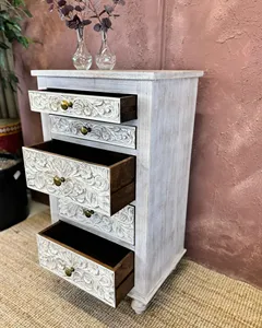 Solid Mango Wood 5 Drawer Whitewash Carved <b>Bedside</b> Table Rustic Storage Nightstand Vintage Bedroom Furniture - Product Image 2