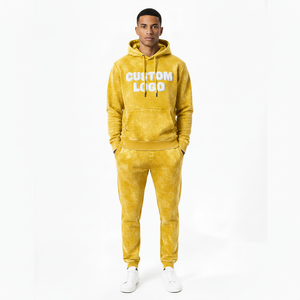 Ensemble survêtement homme jaune moutarde délavé avec logo personnalisé, sweat à capuche et pantalon de jogging en molleton épais, style streetwear, service OEM - Product Image 1