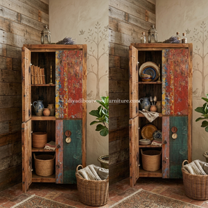 Handcrafted Recycled Boat Wood <b>Wardrobe</b> Interior <b>Racks</b> Unique Vintage Coastal Style Tall Solid Wood 4 ft Multifunction Storage - Product Image 6