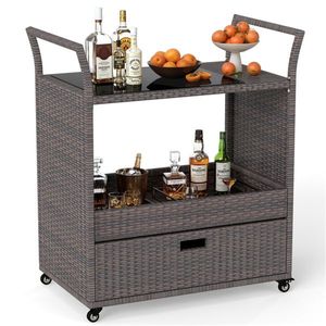 Chariot de bar d'extérieur en rotin PE tressé à la main avec plateau en verre trempé et tiroir, 4 roues avec freins, chariot de service pour mobilier de patio - Product Image 1