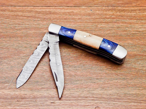 Damascus Steel Folding Pocket <b>Knife</b> Double Blade Drop Point Camel <b>Bone</b> Pakka Wood <b>Handle</b> DIY - Product Image 2