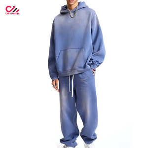 Ensemble de survêtement délavé pour homme, manches longues, couleur unie, coupe décontractée, sweat-shirt et pantalon en coton avec cordon de serrage et poches - Product Image 4
