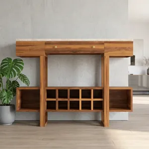 Meuble de bar vintage en bois avec étagère porte-bouteilles de whisky, plateau en pierre, meuble de rangement pour bar, café, hôtel - Product Image 6