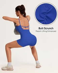 Ensemble 2 pièces de yoga pour femme : justaucorps à dos croisé et short taille haute, sans couture, bleu uni, respirant, en Spandex/Nylon, tenue d'entraînement - Product Image 6