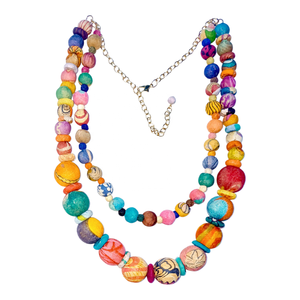 Collar Bohemio Multicapa con Cuentas, Joyería Unisex, Cadena de Eslabones con Bolas de Tela Ecológicas, Chapado en Oro, Hecho a Mano, para Fiestas - Product Image 1