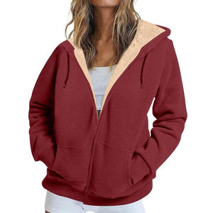 Sudadera con Capucha y Cremallera para Mujer, de Forro Polar, Color Liso, Manga Larga, Estilo Casual para Otoño, Largo Regular, Diseño Transpirable con Forro - Product Image 1