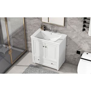 Mobile Bagno da 30 Pollici con Struttura Solida e Lavabo Integrato, Mobile Bianco con Ante, Cassetto e Pannello in MDF - Product Image 5