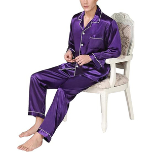 Pijamas de satén de seda para hombre, ropa de dormir clásica de manga larga, color morado liso, con bolsillos, ropa de otoño - Product Image 4