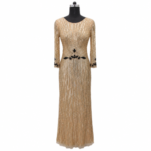 Vestido de Noche de Lujo con Lentejuelas Doradas Bordadas para Mujer |   Vestido de Fiesta Premium de Manga Larga, Elegante y Formal para Recepción de Boda - Product Image 1