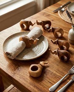 Handcrafted <b>Elephant</b> Wood Napkin Ring Holders - Classic Vintage Style Rustic Table <b>Decor</b> for Dining & Dinner Parties - Product Image 1