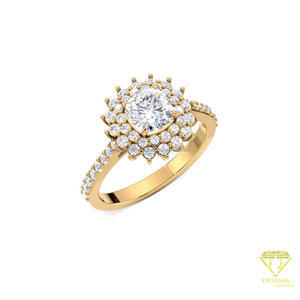 Bague de fiançailles vintage en or jaune 14 carats avec moissanite taille coussin et double halo, bague de mariage avec bande pavée - Product Image 4