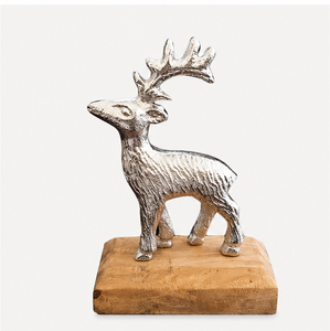 Elegant Silver Aluminum Reindeer Figurine Statue With Natural Mango Wood Base Modern Handcrafted Stag Sculpture For <b>Christmas</b> - Product Image 5
