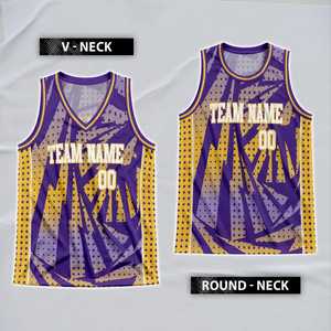 Uniforme de basket-ball personnalisé sublimé, nom de l'équipe 00, design géométrique violet et or, débardeur et short respirants unisexes pour adultes - Product Image 3