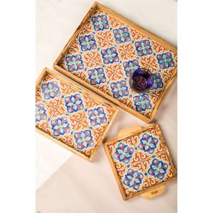 Ensemble de plateaux de service en bois faits à la main avec incrustations marocaines, plateaux décoratifs imbriqués pour table basse et décoration intérieure - Product Image 1