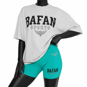 Ensemble T-shirt et short pour femme en mélange de coton de qualité, gris clair et vert sarcelle, avec logo personnalisé par transfert thermique, 100% coton - Product Image 6