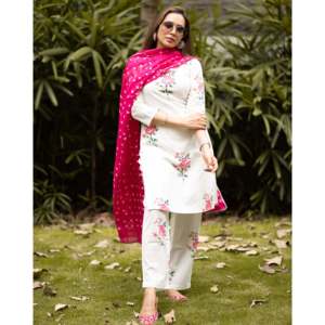 Ensemble de costume en coton brodé de fleurs blanches pour femmes avec dupatta rose, tenue décontractée d'été - Product Image 5