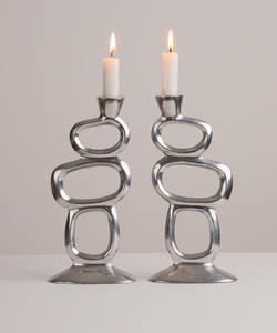 Nordic Abstract Hollow Oval <b>Candlestick</b> Holder Set Contemporary <b>Silver</b> Metal Taper Candle Stands for Modern Tabletop & Living - Product Image 1