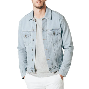 Men's Light Blue <b>Denim</b> <b>Jacket</b> Casual Stand Collar Regular Fit Washed <b>Denim</b> Single Breasted Winter Outerwear Solid Sherpa Lining - Product Image 1