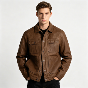 Veste en cuir véritable pour homme, style workwear, col rabattu, couleur unie, fermeture à boutons, vêtement d'extérieur pour l'automne - Product Image 4
