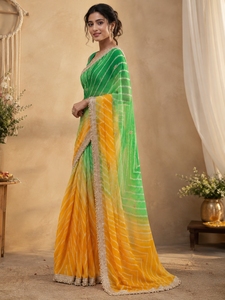 Sari de Chifón Estampado Digital Verde y Amarillo con Borde de Cuentas para Mujer, Traje Tradicional de Boda, Devi Fashions, Bengala Occidental - Product Image 2