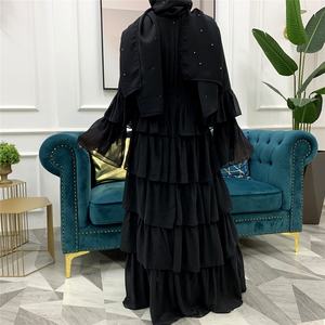 Black Tiered Maxi Chiffon Dress Long Sleeves Women Surplice Neck Ruffles Long Dress <b>Abaya</b> Dubai Turk Muslim Islam Modesty Black - Product Image 2
