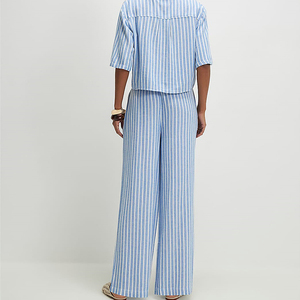 Ensemble de détente pour femme en tissu régulier 100 % coton à rayures, séchage rapide, vêtements d'été, chemise boutonnée et pantalon - Product Image 4