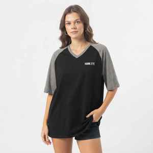 Women's Black Gray Raglan Sleeve <b>V</b>-<b>Neck</b> <b>T</b>-<b>Shirt</b> Loose Fit 100% Cotton Casual Jersey Print Logo Top Spring Summer - Product Image 1