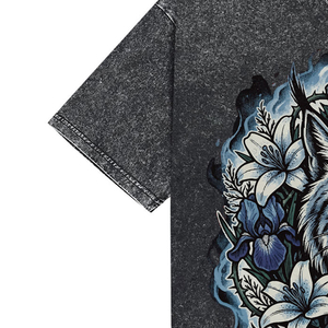 Snow Lynx Printed Cotton <b>T</b>-<b>Shirt</b> <b>Men's</b> Casual Short Sleeve <b>Floral</b> Design Washed Look Round Neck Street Style <b>Shirt</b> - Product Image 2