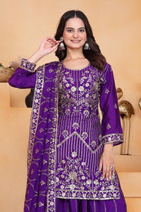 Beautiful Chinon Silk <b>Sequin</b> Short Tunic <b>Flared</b> Plazo Heavy Work Stole Combo Ladies Three Piece Indian Festive Outfit - Product Image 5